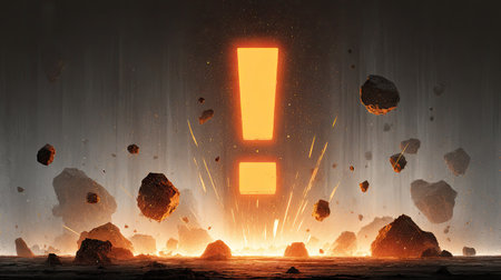 An illustration features a large, glowing exclamation mark emanating light amidst exploding rocks and debris. The artwork utilizes a dynamic composition with a dark, smoky backdrop, creating a sense of impact. It can be used in various commercial applications, including editorial designs, or creative projects that require visual emphasis.の素材