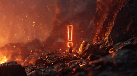 An illuminated exclamation mark is the central element of this digital artwork. The scene features a fiery, atmospheric environment with warm colors, suggesting a dramatic or intense context. The composition employs a dynamic perspective, and could be utilized for various commercial and editorial projects.の素材