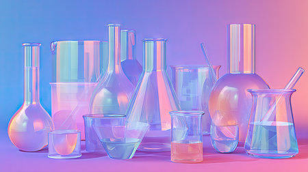 This image showcases an assortment of laboratory glassware, including beakers, flasks, and tubes, arranged against a gradient background. The composition employs vibrant color illumination, highlighting the transparent quality of the glass. Suitable for illustrating scientific studies, educational materials, and conceptual designs, it offers versatile applications in visual content.の素材