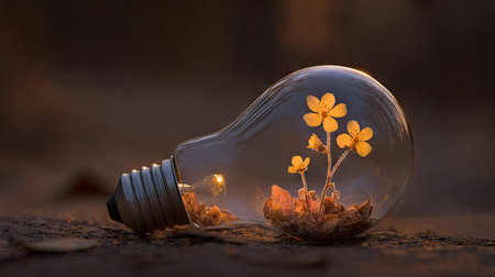 A lightbulb filled with delicate yellow flowers rests on a blurred brown surface. The image features soft, warm lighting, highlighting the contrast between the transparent glass and the natural elements within. The composition creates a feeling of growth and illumination. Suitable for illustrating ideas related to nature, ecology, and new beginnings.の素材