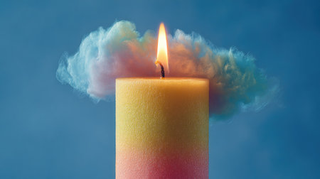 A close-up captures a burning candle juxtaposed with a cloud of pastel-colored smoke against a gradient blue background. The scene showcases a smooth texture and soft lighting. This versatile imagery could be suitable for visual design, marketing material, or various editorial applications.の素材