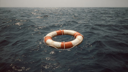 A lifebuoy with red stripes floats on textured ocean water. The composition is centered, emphasizing the object against the vast, rippled water surface. The lighting is diffused under an overcast sky, giving the scene a calm, neutral tone suitable for various commercial uses.の素材
