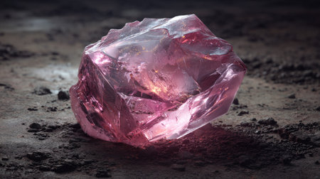 A radiant pink gemstone rests on a dark, textured surface. The crystalline structure reflects light, revealing facets and internal patterns. The composition highlights the gem's luminosity and the contrast with the environment. Ideal for showcasing natural beauty or concepts of value in various commercial applications.の素材