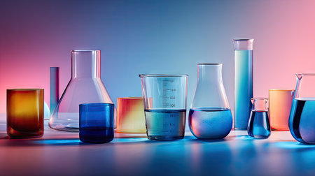 Various laboratory glassware filled with colored liquids are arranged against a gradient background. The composition highlights the transparency of the glass, reflecting the light and color. This image could be used for scientific, educational, or creative projects. The presentation is visually appealing, suitable for both commercial and editorial applications.の素材