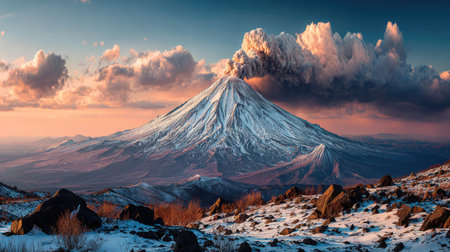 A stunning landscape depicts a tall mountain reaching towards a sky filled with fluffy clouds. The scene is illuminated by warm sunlight, which gives the clouds an orange and pink hue. This visual would be suitable for various commercial or editorial applications.の素材