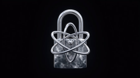 A close-up view presents a metallic lock featuring an atom symbol incorporated into its design. The composition is set against a black backdrop, emphasizing the bright, silvery texture of the lock. This image may find uses in topics like security, technology, or abstract visual communication, offering a strong visual statement.の素材
