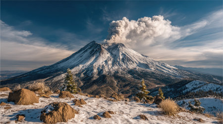 An image showcases a volcanic mountain in a dynamic outdoor setting. The mountain exhibits an active eruption with a cloud of smoke against a blue sky. The landscape features snow-covered terrain, and the lighting suggests daylight conditions. This image can be used for editorial and commercial projects.の素材
