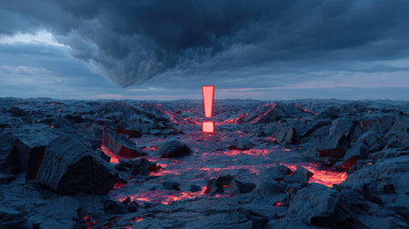 An imposing visual shows a radiant exclamation point set within a dark, rugged landscape beneath a cloudy sky. The scene features fiery red accents within the textured terrain, contrasting with the cool blue and gray tones of the atmosphere. Suitable for conceptual illustrations, digital art projects, and potentially commercial designs.の素材