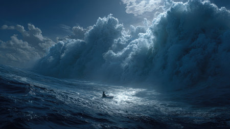 An ocean scene portrays a small boat navigating turbulent waters beneath a dramatic sky filled with large, dark clouds. The composition features strong contrast between the dark sea and the bright light breaking through the clouds. This image could be used for various commercial or editorial projects emphasizing challenge or journey.の素材