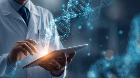 A medical professional in a lab coat examines a digital DNA helix representation on a tablet. The image utilizes a futuristic, digital style with glowing blue particles and a warm light source. Suitable for illustrating scientific research, technological advancement, and innovative healthcare concepts. This image may be utilized for medical reports or educational materials.の素材