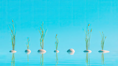 This image showcases several small, stylized aquatic plants emerging from smooth, round stones. The scene is set against a solid turquoise background, reflecting the objects below. The composition is clean and minimalist, offering a sense of calm. Suitable for various design projects and editorial uses.の素材