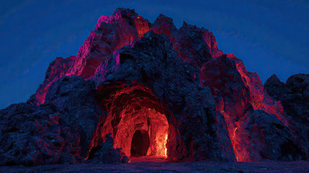 A close-up captures a rocky mountain with an illuminated cave entrance at night. The structure is bathed in red and orange light, contrasting with the dark blue sky. The scene is suggestive of a mysterious environment, suitable for various creative or commercial projects.の素材