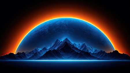 This image features a detailed mountain range silhouetted against a vibrant, glowing celestial body. The composition uses contrasting colors, a gradient effect, and a dark background creating a sense of wonder. Ideal for various commercial and editorial projects requiring a visual of nature and space.の素材