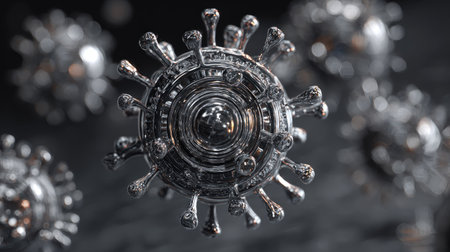 A detailed illustration showcases a metallic virus particle against a blurred background. The image features a grayscale palette with intricate textures and highlights. It suggests a scientific or medical theme, suitable for editorial content or design projects. The composition emphasizes the complex structure of the subject.の素材