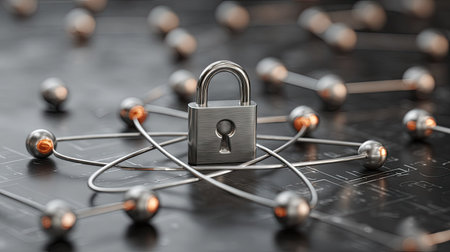 A close-up view presents a metallic padlock at the center, surrounded by a network of interconnected spheres. The composition features a shallow depth of field, with soft focus on the background. The lighting appears to be diffused. It suggests themes of security, connection, and digital data. This image is suitable for various commercial uses.の素材