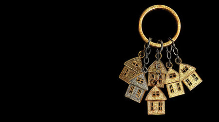 This image features a collection of miniature house keychains suspended on a golden ring. The keychains showcase intricate details and textures, with variations in metallic tones. Set against a deep black backdrop, the composition highlights the objects. It could be used in real estate or property-related themes.の素材
