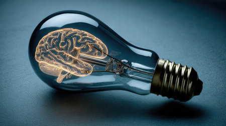 A lightbulb is featured with a brain displayed inside, suggesting innovative thinking. It is set against a dark background, and the lighting highlights the internal brain structure. The image could be used in projects related to education, science, or creativity. The image evokes visual impact suitable for commercial or editorial applications.の素材