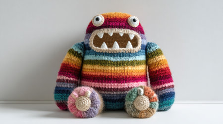 A handmade knitted monster toy is featured, showcasing vibrant colors and textured details. The composition, lit by soft lighting, presents the toy centered against a plain white backdrop. This image could be used for various commercial purposes, including children's products or craft-related content.の素材