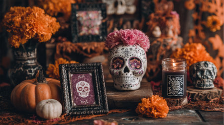 A festive display features a decorated sugar skull adorned with flowers and surrounded by pumpkins, candles, and framed pictures. Warm tones dominate the scene, suggesting a celebratory atmosphere. This composition might be suitable for cultural events, decorative projects, or editorial content.の素材