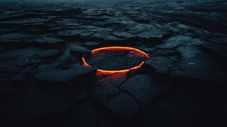 An illuminated orange circle appears in a cracked, dark environment. The scene showcases a moody, abstract composition with textures and dramatic lighting. This image could be used for various creative projects, including science fiction concepts, digital art, or conceptual illustrations.の素材