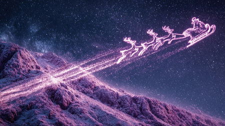 A fantastical image depicts a luminous reindeer-pulled sleigh soaring over mountainous terrain under a starry night sky. The scene is illuminated by glowing particles creating the forms, with a palette of purple, pink, and blue hues. This vibrant visual could be utilized for festive promotions or editorial content.の素材