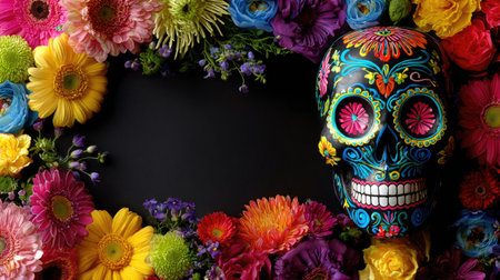 A colorful skull with intricate patterns rests amidst an arrangement of brightly colored flowers. The composition features a variety of blooms against a dark background, showcasing detailed textures and a festive aesthetic. This image may be suitable for cultural themes, holiday celebrations, and decorative projects, offering a visually striking display.の素材