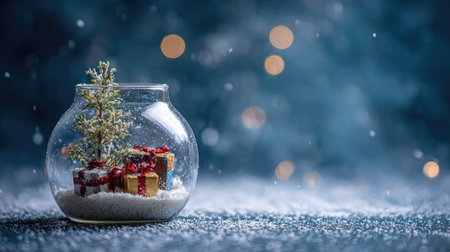 A miniature Christmas display is contained within a glass jar, featuring a small evergreen tree and wrapped presents. Snow-like substance covers the base, creating a wintery effect. The background suggests a blurred, illuminated setting with bokeh effects. Ideal for festive concepts and seasonal commercial projects.の素材