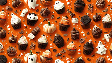 A collection of Halloween themed cupcakes and pumpkins are arranged on a vibrant orange surface. The composition displays various cupcakes decorated with white frosting and chocolate. There's a collection of pumpkins in different sizes. The shot is well-lit, suggesting a product display or festive celebration. Suitable for various commercial and editorial applications.の素材