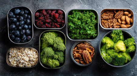 An overhead shot presents various healthy foods neatly arranged in stainless steel containers. Dark blue berries, red cranberries, green kale and broccoli, and mixed nuts fill the compartments. The composition features high-angle lighting and a flat lay. Suitable for illustrating wellness, nutrition, and healthy eating concepts.の素材