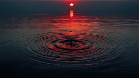 A striking scene of a sunset reflecting on a body of water, marked by concentric ripples. The dominant colors are deep reds and blues, creating a high-contrast visual. The composition suggests an outdoor setting, possibly at dusk or dawn. This image could be used for various commercial or artistic purposes.の素材