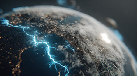 This image features a close-up of planet Earth with vivid blue lightning striking across its surface. The artwork displays a combination of textures, including clouds, landmasses, and atmospheric effects. The composition utilizes a dark color palette. Ideal for illustrating various scientific and conceptual themes, it could be used for educational materials or commercial projects.の素材