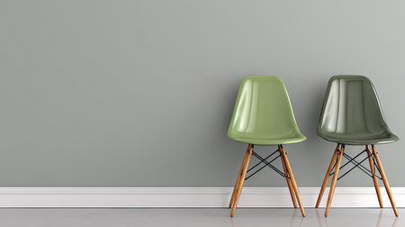 Two modern chairs stand against a neutral gray wall, creating a simple composition. The chairs have brightly colored seats and wooden legs, presenting a stylish contrast. The image uses a minimalistic style with soft lighting. Suitable for use in design concepts, editorial features, or advertising materials.の素材