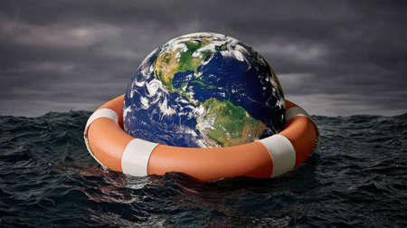 An image depicts Earth resting within an orange and white life preserver, floating in choppy water under a dark, cloudy sky. The visual highlights environmental themes, with the globe's continents clearly visible. The overall mood suggests concern, with possibilities for commercial applications related to climate change or ecological preservation.の素材