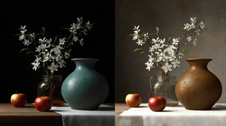 Two artistic compositions showcase floral arrangements with vases and apples. The scenes, bathed in contrasting light, display variations in color and texture. The focus is on the interplay of light and shadow, highlighting the still life subject, suitable for editorial or design use.の素材
