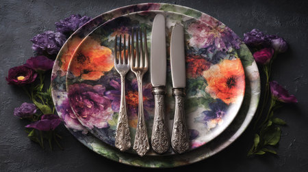 A refined tabletop arrangement features ornate floral plates with accompanying silverware. The scene showcases a combination of vibrant colors and textures against a dark background. The composition suggests an indoor setting with carefully arranged details, suitable for various commercial uses or editorial projects.の素材