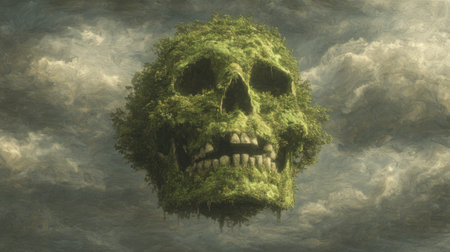 An unusual visual features a skull shape composed of lush green vegetation floating against a cloudy sky. The composition displays a surreal aesthetic, showcasing detailed textures and contrasting colors. This conceptual piece could be suitable for various creative or editorial projects, adding a unique visual element.の素材