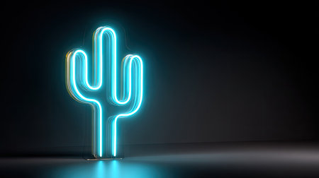 A neon cactus glows brightly against a dark backdrop in this graphic representation. The luminous turquoise sign is positioned on a black surface. The composition uses high contrast and showcases an isolated subject. This image may be suitable for advertising, branding, and digital design projects.の素材