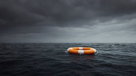 A single lifebuoy, colored orange and white, floats on a dark, choppy ocean surface. The overcast sky suggests a stormy environment with dramatic clouds. The image conveys a sense of isolation and potential danger. It could be suitable for illustrations related to maritime themes or concepts of rescue.の素材