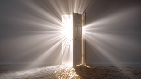 An open door radiates intense light, suggesting a passage or entrance. The image features a bright, central light source casting strong rays. The composition evokes a sense of mystery and possibility. Suitable for illustrating concepts of transition, optimism, and new beginnings. Potentially useful for various commercial and editorial applications.の素材