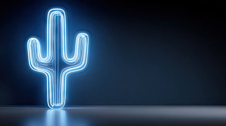 A glowing neon cactus against a dark backdrop creates a modern, minimalist design. The object emits a vibrant blue light, highlighting its shape and form. Suitable for various design projects, this image offers potential for advertising, branding, and other commercial applications. The composition emphasizes the subject against a contrasting, dark setting.の素材