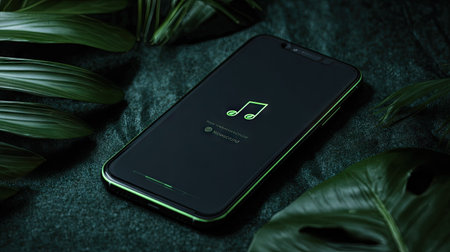 A smartphone, featuring a musical note icon, is placed amidst dark foliage. The device displays a green interface against a black screen. Soft lighting illuminates the scene, highlighting the textures of the phone and surrounding leaves. Suitable for technology, lifestyle, and design-related visual content.の素材