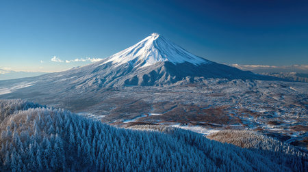 A majestic snow-covered mountain dominates the landscape under a vibrant blue sky. The image showcases a vast expanse of snow-covered terrain with a layer of forests. The high-angle view provides a sense of the scale of the environment. Suitable for a variety of editorial or commercial applications.の素材