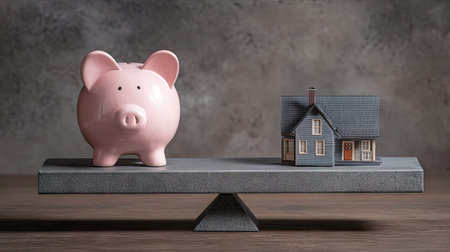 A pink piggy bank and a miniature house rest on a balanced scale, conveying concepts of savings and property. The composition features a neutral background, highlighting the objects. This image, with its balanced arrangement and symbolic representation, is suitable for commercial uses related to finance or real estate.の素材