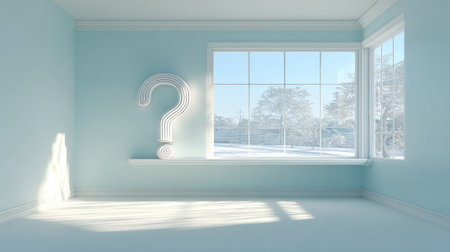 An illuminated question mark occupies a central position within a serene, light-blue room. The composition includes a large, divided window offering a view of a snowy outdoor setting. The lighting is bright and natural, casting shadows across the floor. This image may be suitable for various conceptual projects or editorial uses.の素材