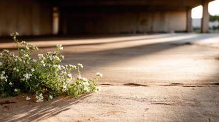Wildflowers with delicate white blossoms and green foliage rest on a rough concrete surface. The image displays natural light and shadow play, contributing to a warm, inviting atmosphere. This shot could be useful for projects related to nature, design, or environmental themes.の素材