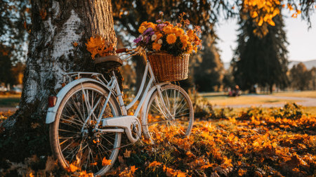 A classic bicycle with a wicker basket overflowing with flowers stands near a tree. The image displays warm colors, suggesting a fall season. The composition utilizes natural lighting, highlighting the textures of the leaves and the bike. It could be suitable for various commercial or editorial applications.の素材