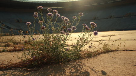 Wildflowers grow on a cracked surface, contrasting with the empty stadium seating. The composition highlights textured concrete and the natural elements. Sunlight illuminates the scene creating a dramatic ambiance. This image is suitable for environmental, conceptual, or commercial applications.の素材