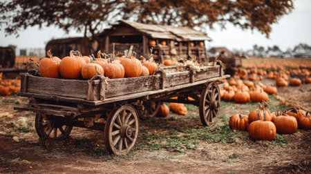 A wooden cart overflowing with orange pumpkins sits in a field, suggesting the harvest season. The image features a rustic aesthetic with soft lighting, and a mix of green, brown, and orange hues. The scene could be used for various commercial projects related to agriculture, seasonal events, or fall themes.の素材