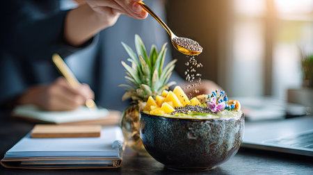 A person is shown adding seeds to a colorful breakfast bowl. The bowl contains cut fruit and other ingredients. The scene is brightly lit, likely indoors, with a focus on fresh food preparation. This image could be used for articles about healthy eating, recipes or lifestyle.の素材