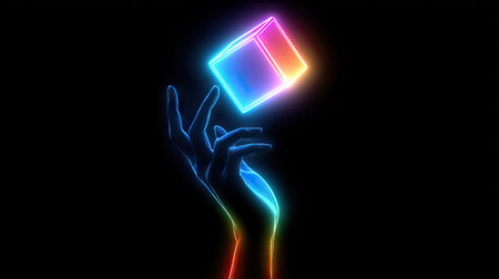 A digital illustration depicts a hand gracefully balancing a brightly illuminated cube. The neon-style artwork utilizes vibrant blues, pinks, and oranges against a stark black backdrop. This graphic is characterized by its modern design and dynamic composition. Potential applications for this image include technology, design, and artistic projects.の素材